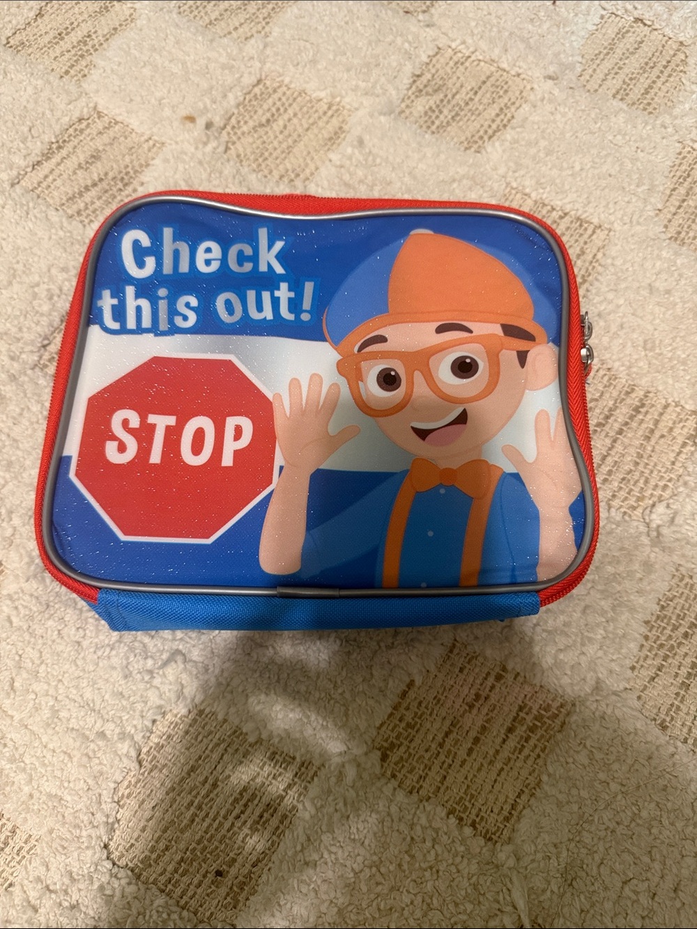 Kids Blue and Orange Character Lunch Bag with 'Check This Out' Graphic